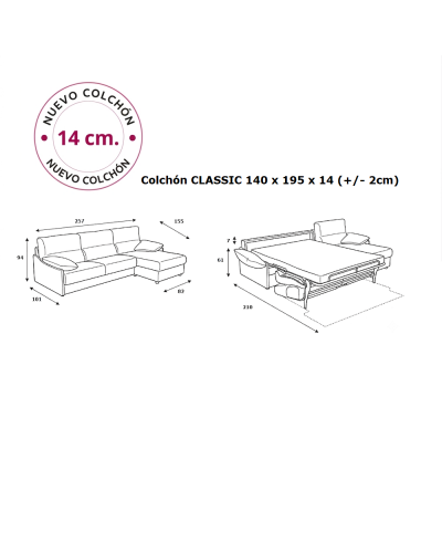 Sofá Cama Italiano Sheila con Chaise Longue y Arcón Colchón 14 cm - Suinta